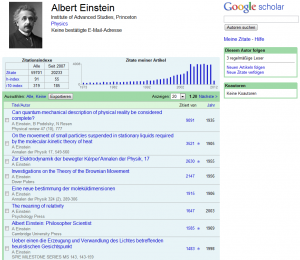Google Scholar Ansicht von A. Einstein